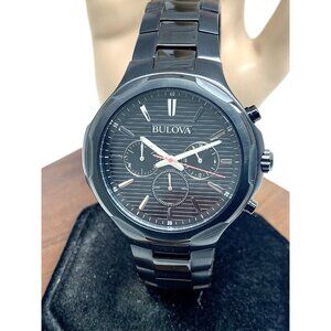 Bulova Men's Watch 98A189 Black Dial Quartz Chronograph Stainless Steel 46mm